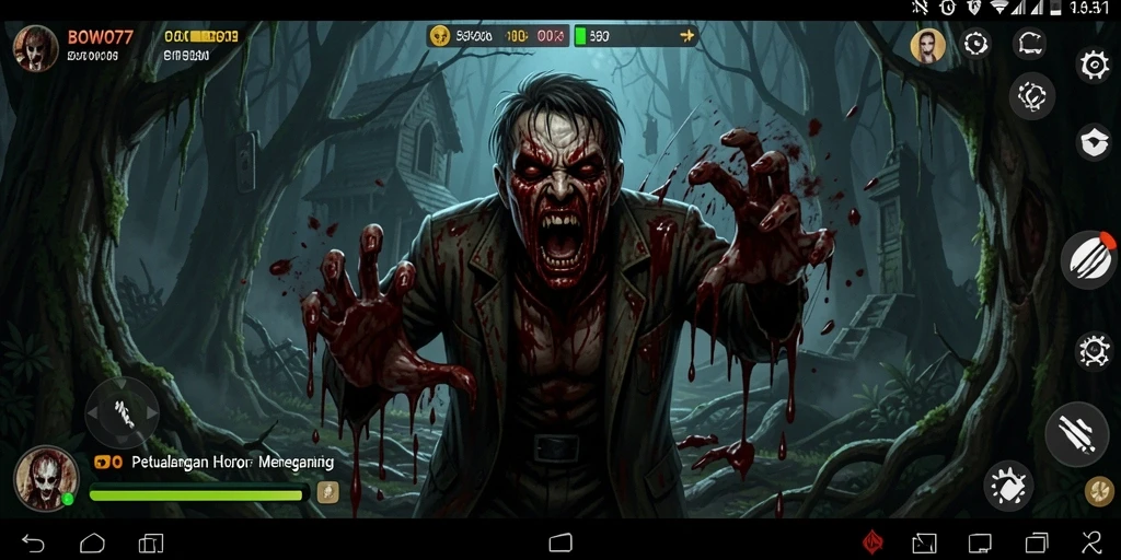 Screenshot gameplay menunjukkan lingkungan gelap dan mencekam dari BOWO77.