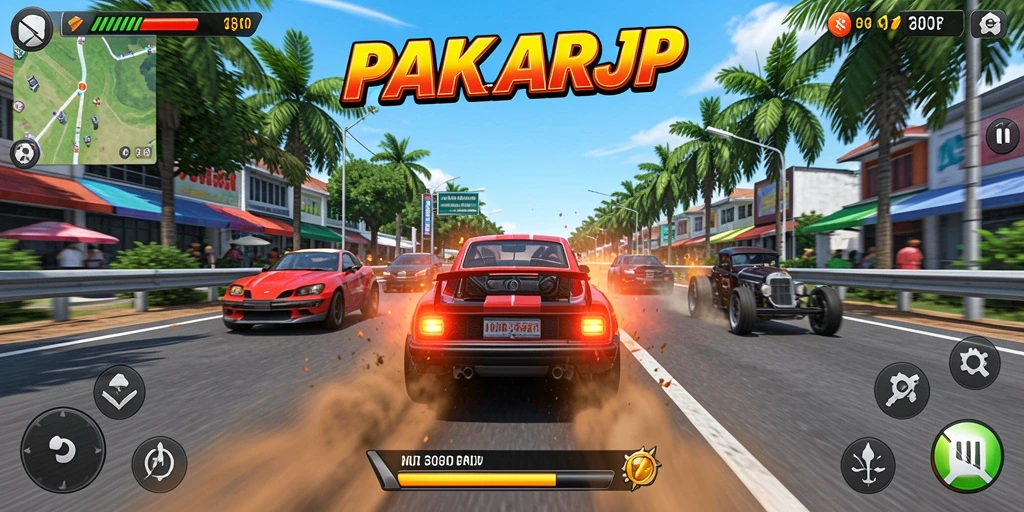 Tampilan menarik dari gameplay balapan PAKARJP di jalan raya.