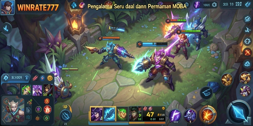 Tampilan gameplay seru dalam permainan MOBA berstrategi.